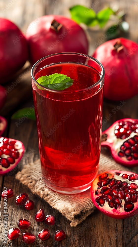 Vibrant pomegranate juice in a glass, garnished with mint, on rustic wood Vibrant pomegranate juice in a glass, garnished with mint, on rustic wood