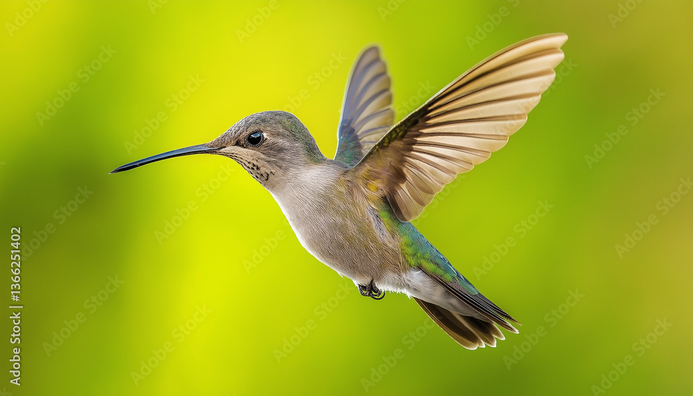 Naklejka premium Hummingbird in Flight, Green Garden, Nature Photography, Bird Wings
