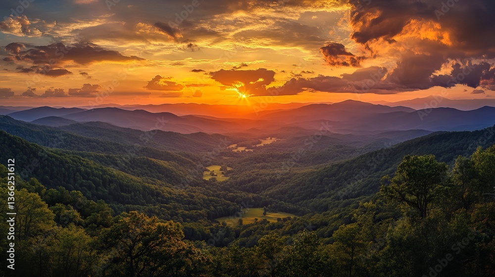 Obraz premium Appalachian Sunset Panoramic: A Breathtaking Golden Hour Over Rolling Mountains