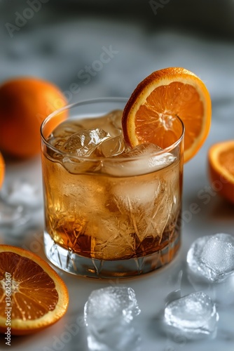 Refreshing Cocktail Garnished With Orange Slices on a Marble Countertop