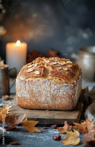 Baked Bread With Dried Fruits on a Rustic Wooden Board in a Cozy Setting