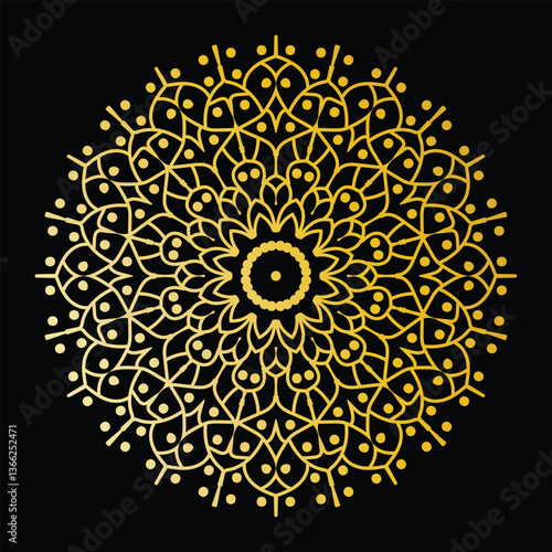 A detailed gold mandala on a black background with intricate, symmetrical patterns. The vibrant gold contrasts sharply with the dark backdrop, creating an elegant, timeless, and harmonious artistic de