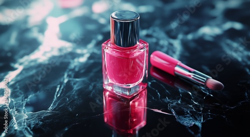 Vibrant Pink Nail Polish Beside a Brush on a Dark Marble Surface