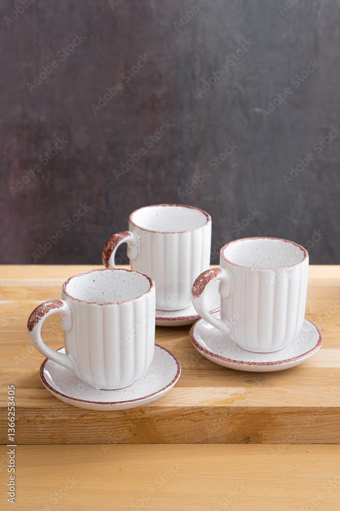 Ceramic teacup and saucer set on kitchen table Ceramic teacup and saucer set on kitchen table