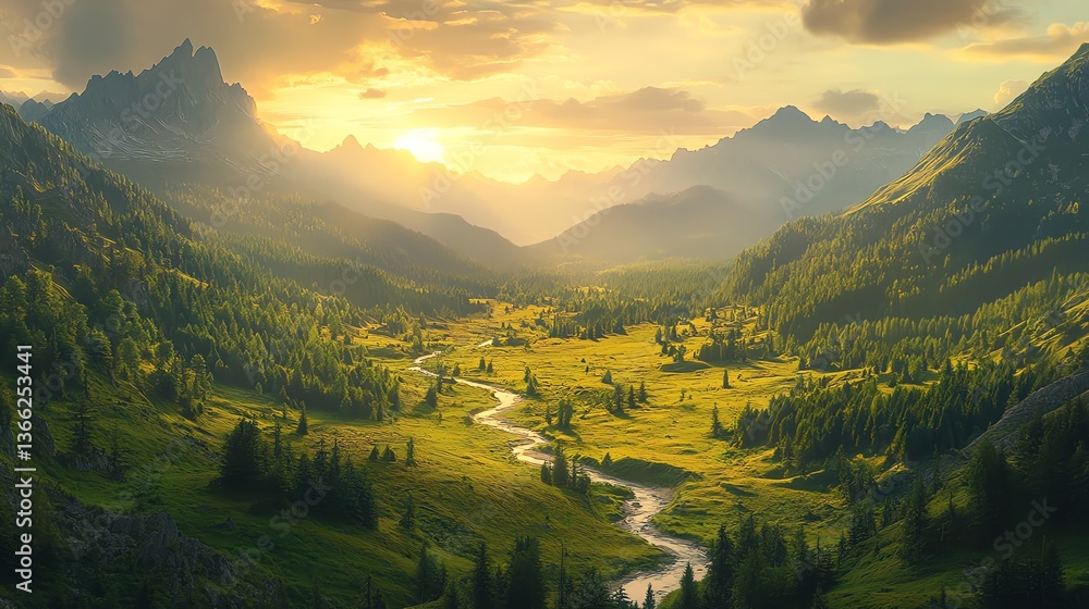 Obraz premium Mountain Valley Landscape with River Flowing Through Lush Green Meadow at Sunset