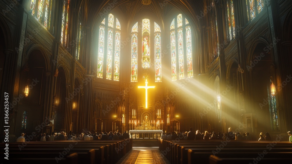 Fototapeta premium Majestic Gothic cathedral interior golden sunlight streaming through stained glass Holy Cross glowing at the altar wooden pews filled with worshipers in prayer