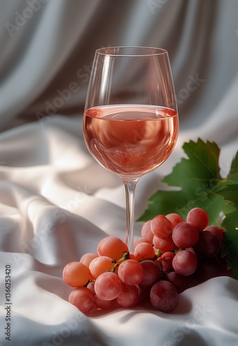 Ros Wine Served Elegantly With Fresh Grapes on Soft Fabric Backdrop
