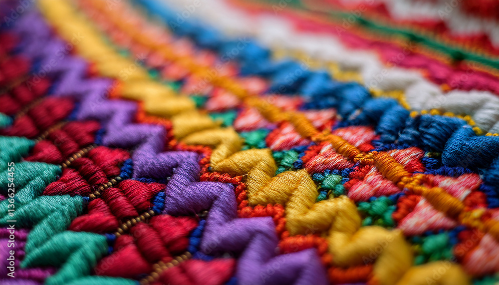 Colorful embroidered fabric, showcasing detailed stitching and bold geometric designs. Colorful embroidered fabric, showcasing detailed stitching and bold geometric designs.