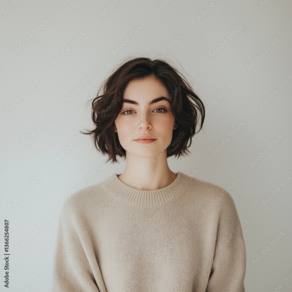 Minimal lifestyle portrait of young woman with short hair in beige sweater Minimal lifestyle portrait of young woman with short hair in beige sweater