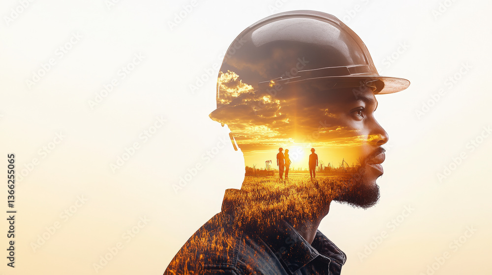 Double exposure portrait of a man in a hard hat, blending with a sunset landscape featuring two people walking through a field. Double exposure portrait of a man in a hard hat, blending with a sunset landscape featuring two people walking through a field.
