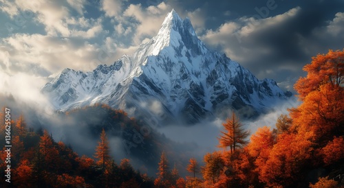 Majestic Mountains Rising Above Vibrant Autumn Forest During Sunny Daylight