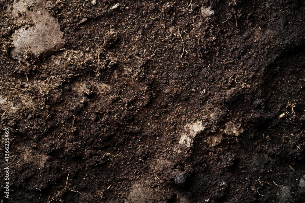 Close up view of dark soil and small root fragments visible Close up view of dark soil and small root fragments visible