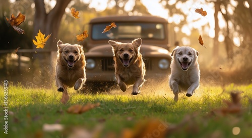 Three Happy Dogs Run Through Autumn Leaves in a Sunny Park Near an Old Truck