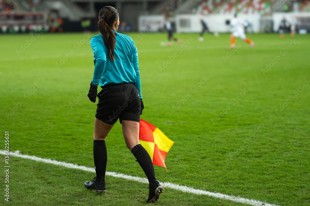 Woman assistant of football referee during the match.