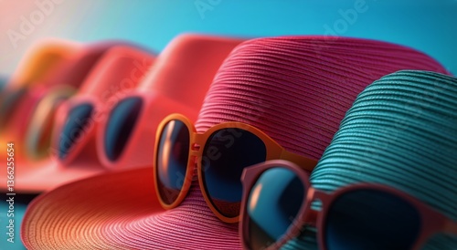 Colorful Summer Hats and Sunglasses Arranged on a Vibrant Background in a Pla...