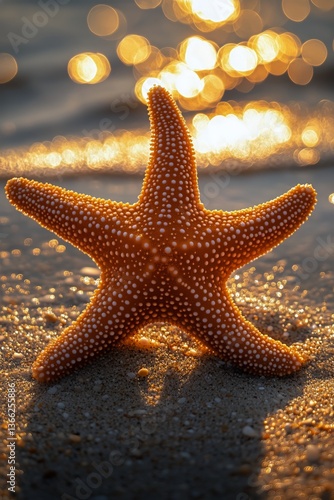 Starfish Resting on Sandy Beach With Glowing Bokeh Background During Sunset