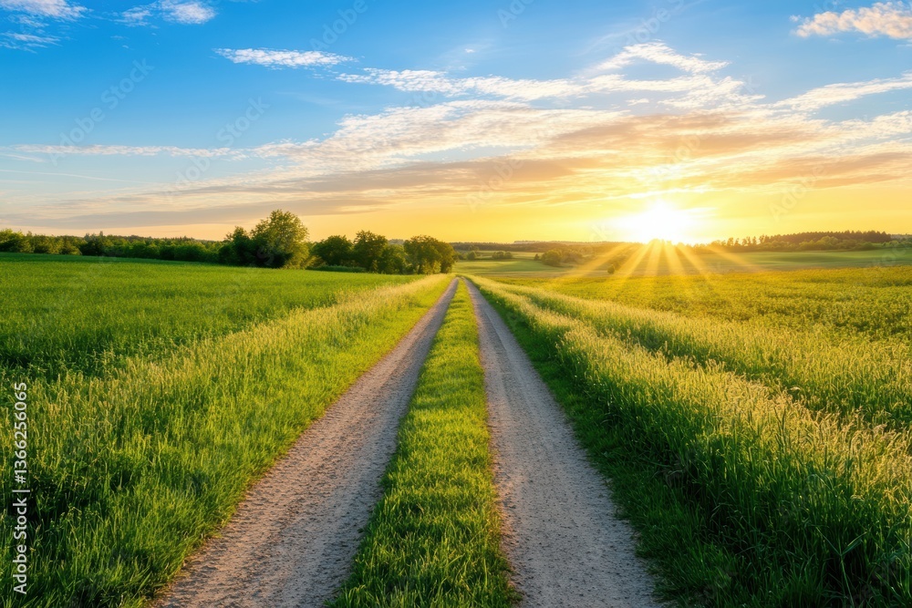 Fototapeta premium 広大な草原での朝焼けの美しい風景と小道が続く航路