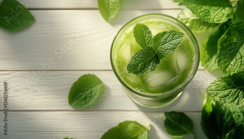 Refreshing Mint Beverage Served in a Glass With Ice on Wooden Surface