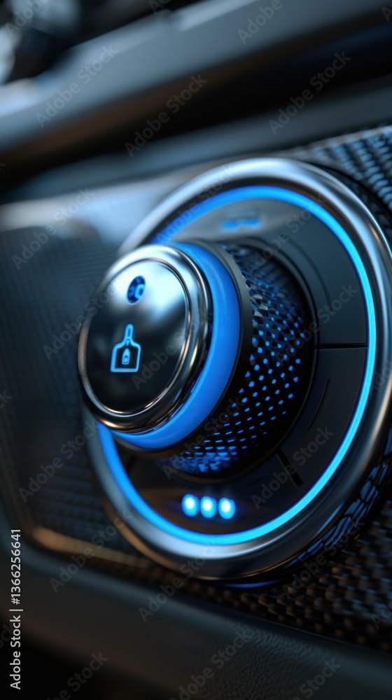 Close-up of a modern car's climate control panel with illuminated buttons and a circular dial. Close-up of a modern car's climate control panel with illuminated buttons and a circular dial.