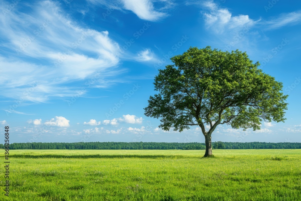 青空の下に立つ緑豊かな木と広がる草原の景色 青空の下に立つ緑豊かな木と広がる草原の景色