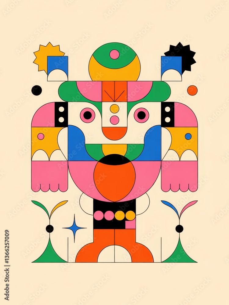 Obraz premium A stylized, illustrative graphic with bold, flat colors and whimsical geometric accents. The design features simplified abstract elements and decorative patterns, creating a modern