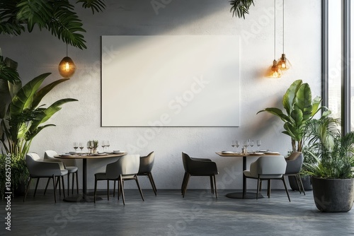 Modern Restaurant Interior Design Blank Canvas Wall Plants Table Space Clean Decor Chairs Mockup    