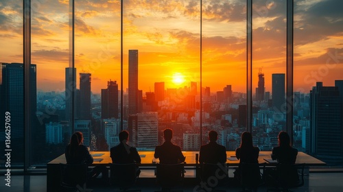 Silhouette Business Team Meeting Cityscape Sunset View work urban group office window modern golden 