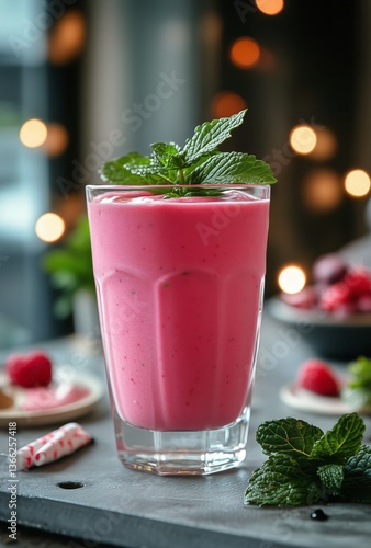 Refreshing Raspberry Smoothie Garnished With Mint Leaves on a Marble Table at...