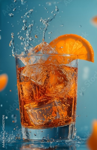 Refreshing Drink With Ice and Orange Slice in Vibrant Setting