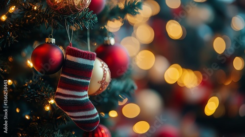 Colorful Christmas Decorations With Festive Lights and a Striped Stocking Han...