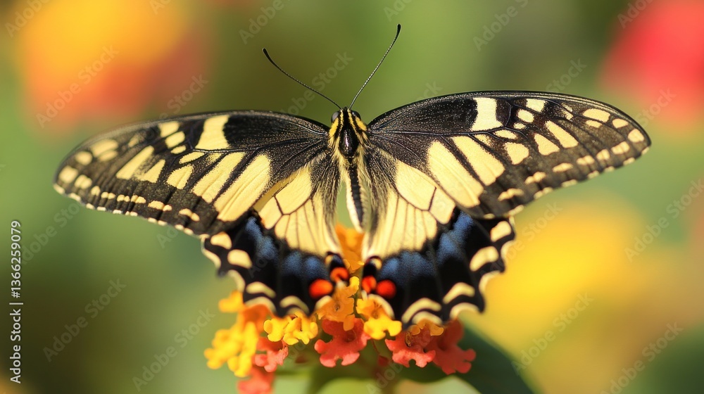 Obraz premium Close-up of a Swallowtail butterfly perched on vibrant flowers.
