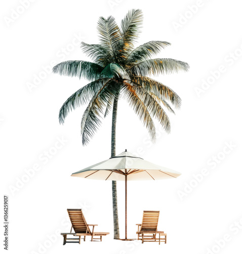 Fototapeta Naklejka Na Ścianę i Meble -  Relaxing tropical scene with palm tree and lounge chairs under sunshade