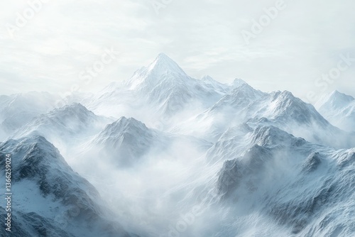 Wallpaper Mural Hyper-realistic 3D rendering of a majestic snow-capped mountain range with misty valleys in an ethereal monochromatic panorama Torontodigital.ca