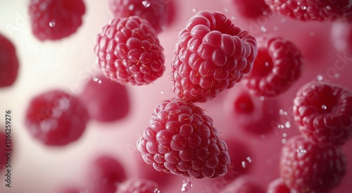 Fresh Raspberries Floating in Mid-Air Against a Soft Pink Backdrop During a B...