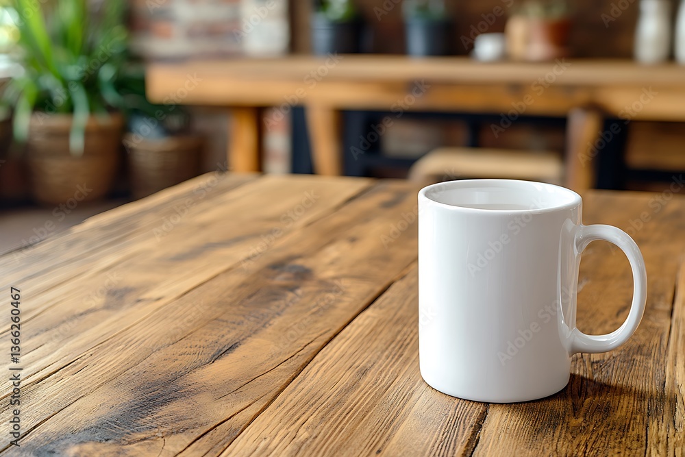 Fototapeta premium A simple white mug on a rustic wooden table setting