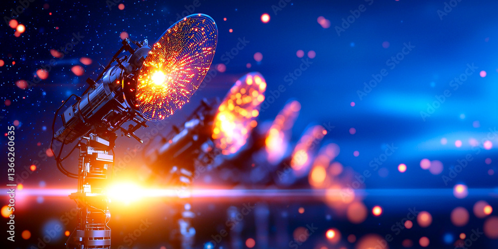 Obraz premium Satellite Dishes Glow with Intense Orange and Blue Light Against a Blurred Blue Background