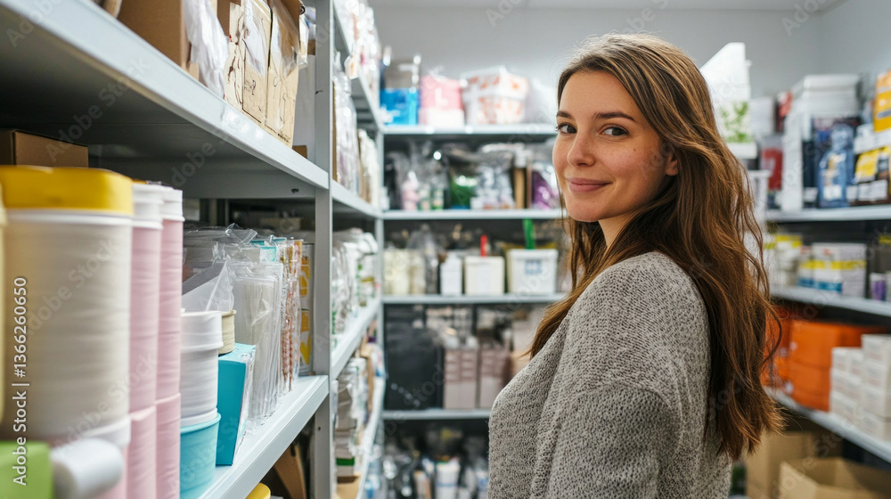 A woman stands confidently next to a neatly stocked shelf of e-commerce packaging supplies. The organized space reflects efficiency and readiness for online retail operations. A woman stands confidently next to a neatly stocked shelf of e-commerce packaging supplies. The organized space reflects efficiency and readiness for online retail operations.