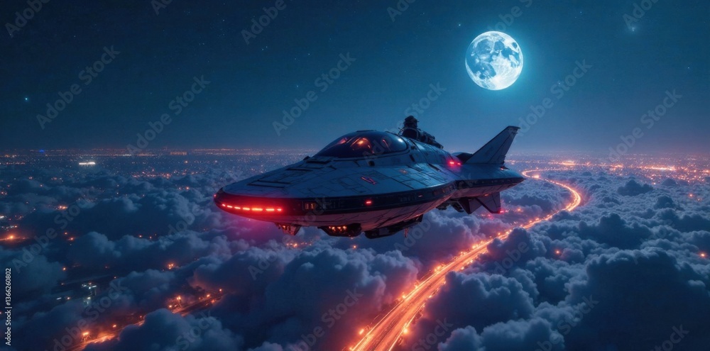 Obraz premium Spacecraft hovering above futuristic cityscape at night, cityscape, futuristic city, urban landscape