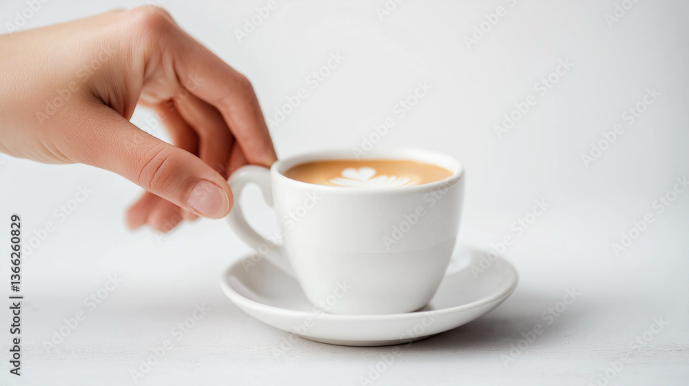 A hand reaches for a white cup of cappuccino with latte art, placed on a matching saucer against a white background.
A hand reaches for a white cup of cappuccino with latte art, placed on a matching saucer against a white background.