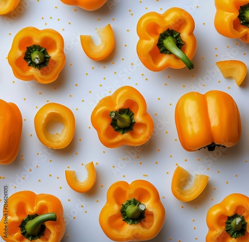Bright Yellow Bell Pepper Surrounded by Sliced Pieces on a White Surface in a...