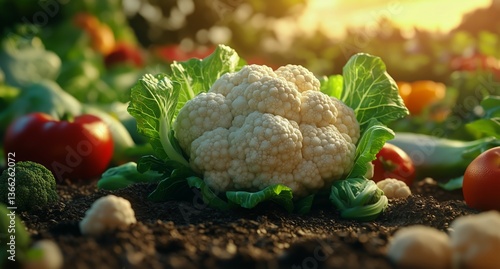 Cauliflower Growing in a Vibrant Garden at Sunset, Showcasing Fresh Vegetable...