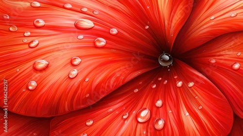 Close-up view of a vibrant red flower petal with water droplets.