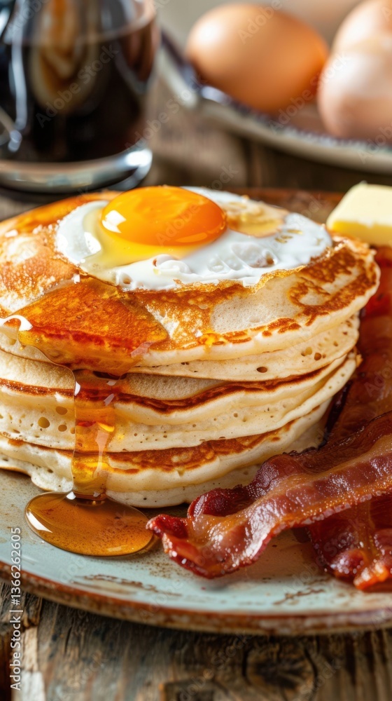 Enjoy American breakfast featuring fluffy pancakes, crispy bacon, and fried eggs with syrup in a cozy kitchen setting Enjoy American breakfast featuring fluffy pancakes, crispy bacon, and fried eggs with syrup in a cozy kitchen setting