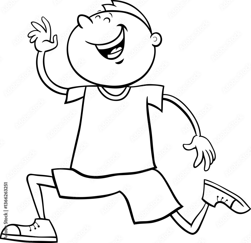 happy cartoon elementary age or teen boy running coloring page