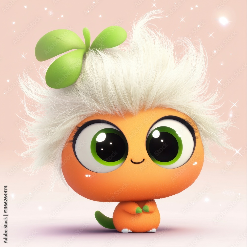 Obraz premium Adorable 3D Render of a Cute Cartoon Creature with Big Eyes and Fluffy White Hair
