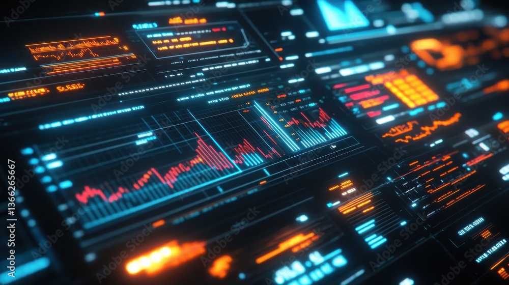 A futuristic data stream visualized with vibrant orange and blue glowing lines and graphs, displaying complex information in a dynamic and engaging way. A futuristic data stream visualized with vibrant orange and blue glowing lines and graphs, displaying complex information in a dynamic and engaging way.