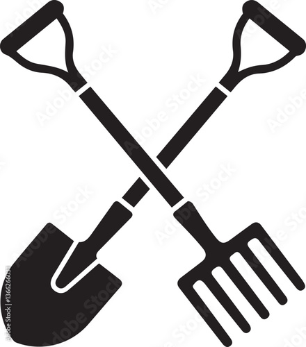 Simple black and white silhouette of a shovel and a rake crossed.