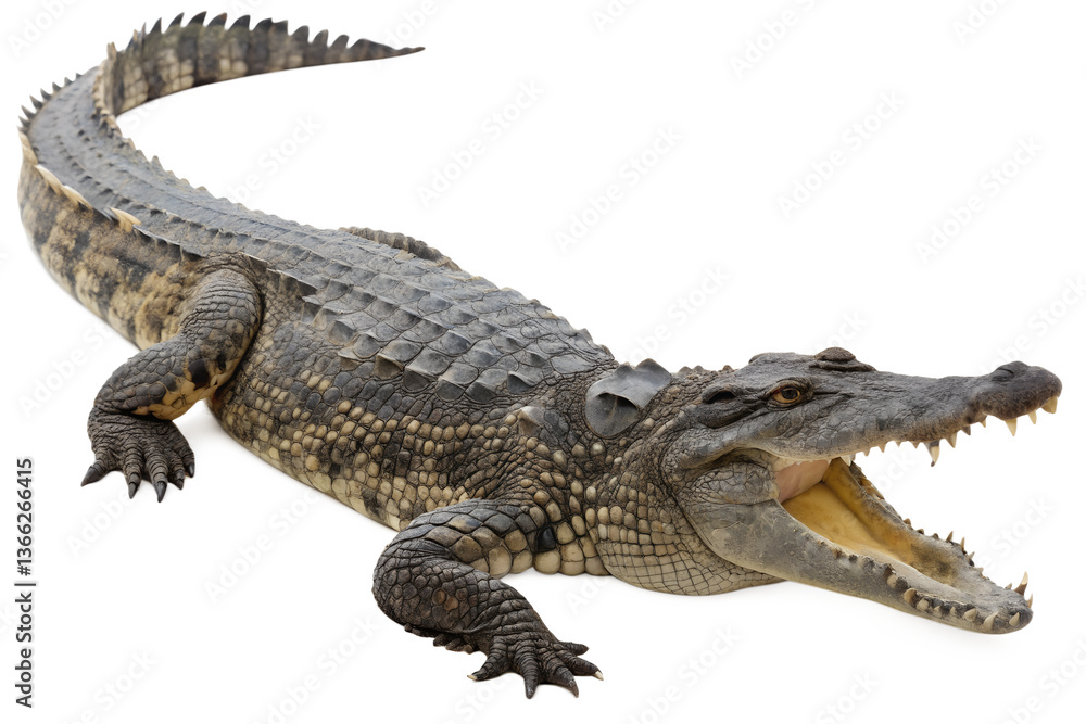 Fototapeta premium Fierce crocodile with sharp teeth and scaly skin isolated on the transparent background, wild reptile predator