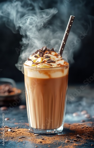 Delicious Coffee Drink With Whipped Cream and Chocolate Topping on a Dark Tex...