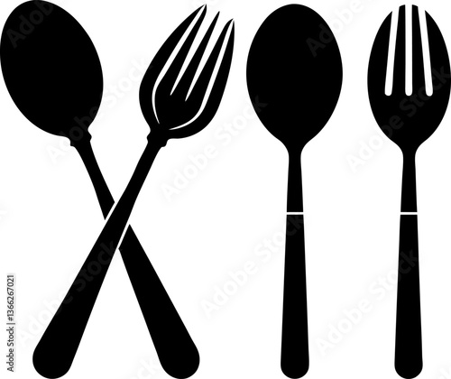 Fork and knife vectors collection black and white, Vector of spoon and forks set design